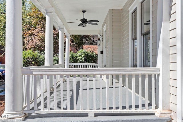 view of patio featuring covered porch and ceiling fan