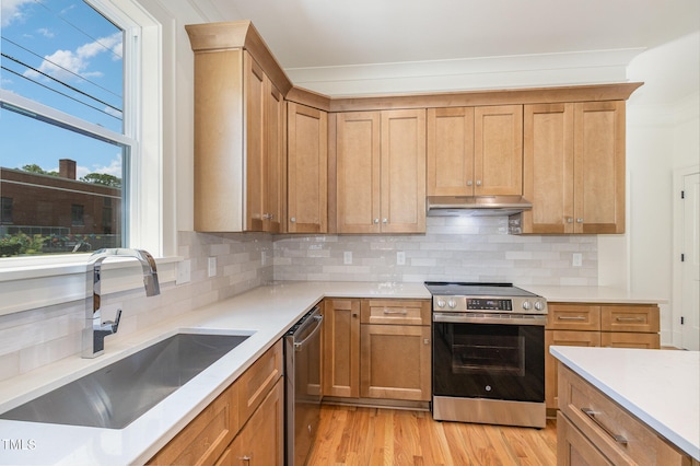 kitchen with appliances with stainless steel finishes, sink, backsplash, and light hardwood / wood-style flooring