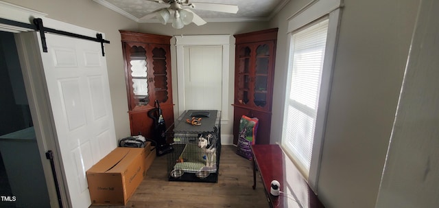 interior space with ceiling fan, crown molding, a barn door, and hardwood / wood-style floors