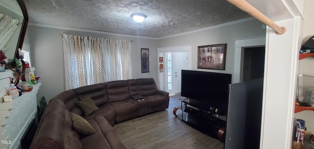 living room featuring ornamental molding, a textured ceiling, and light hardwood / wood-style floors