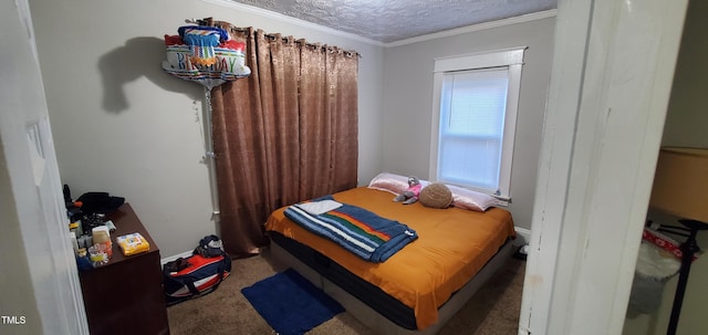 bedroom with dark carpet, crown molding, and a textured ceiling