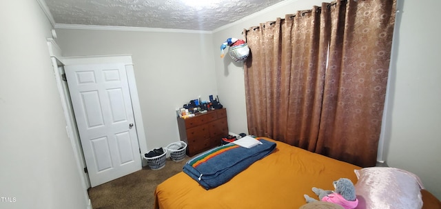 carpeted bedroom featuring crown molding and a textured ceiling