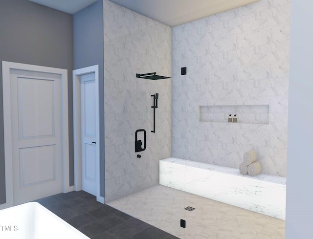 bathroom featuring independent shower and bath, tile walls, and tile patterned flooring