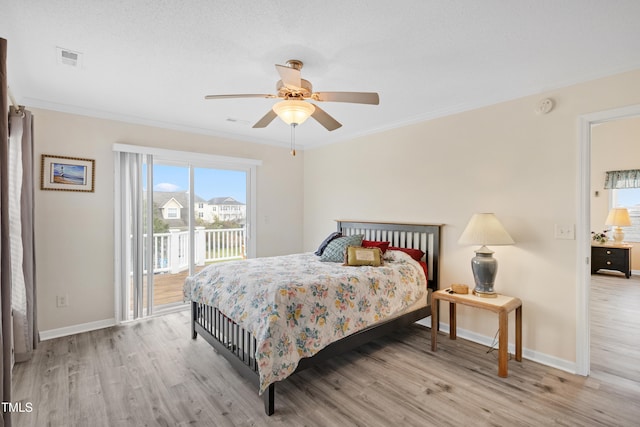 bedroom featuring light wood-type flooring, access to outside, ceiling fan, and crown molding