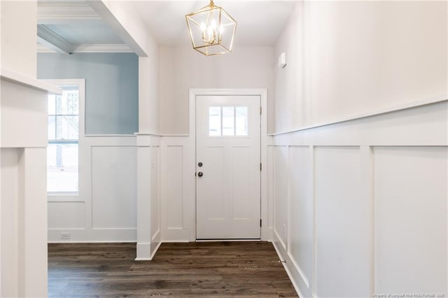 foyer entrance featuring dark hardwood / wood-style floors and a notable chandelier