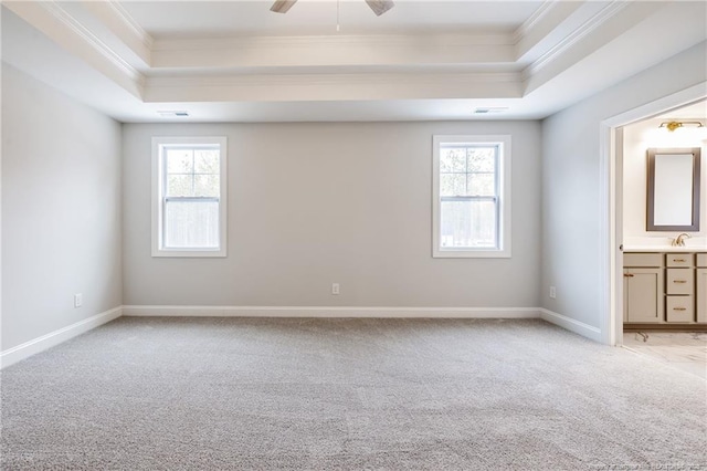 interior space featuring a raised ceiling, ensuite bath, and multiple windows