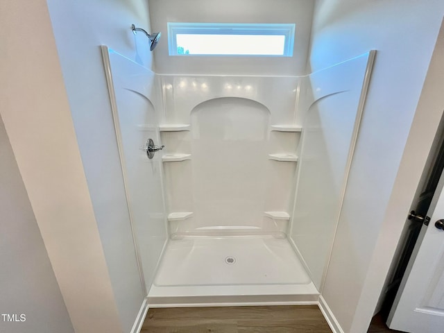 bathroom with walk in shower and hardwood / wood-style floors