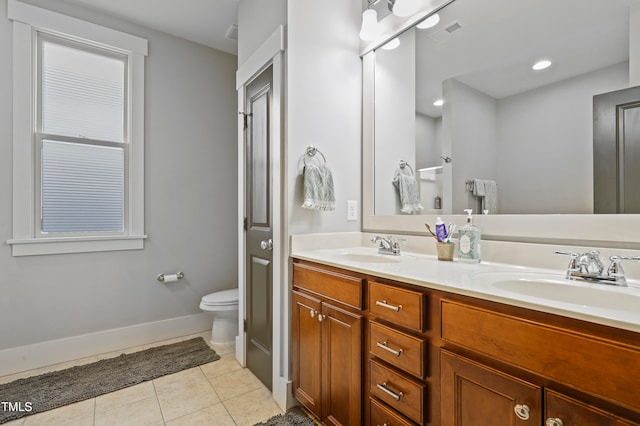 bathroom featuring toilet, vanity, and tile patterned flooring