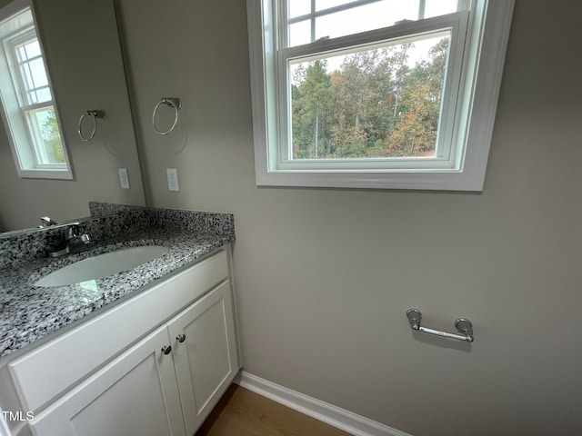 bathroom featuring vanity and hardwood / wood-style floors