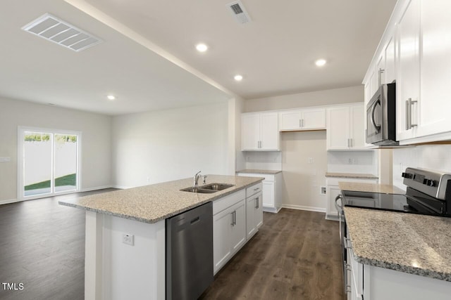 kitchen with white cabinetry, appliances with stainless steel finishes, sink, and a center island with sink