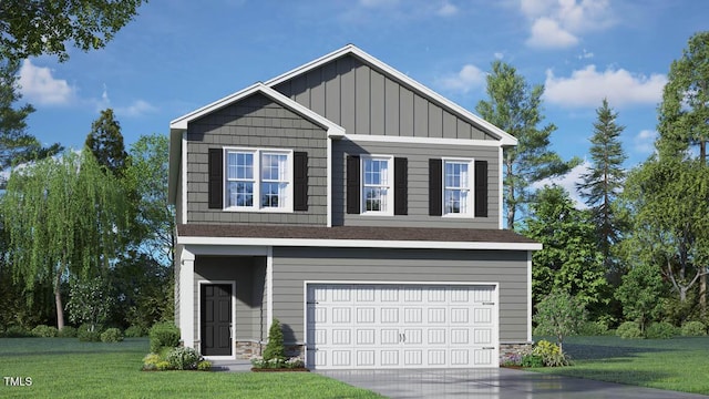 craftsman inspired home featuring a garage, a front yard, concrete driveway, and board and batten siding