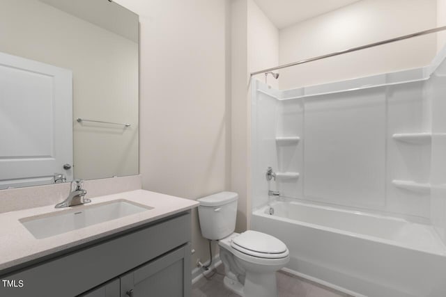 full bathroom with toilet, vanity, and tub / shower combination