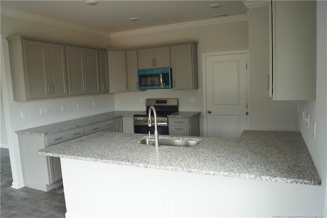 kitchen featuring light stone counters, stainless steel appliances, a peninsula, visible vents, and crown molding