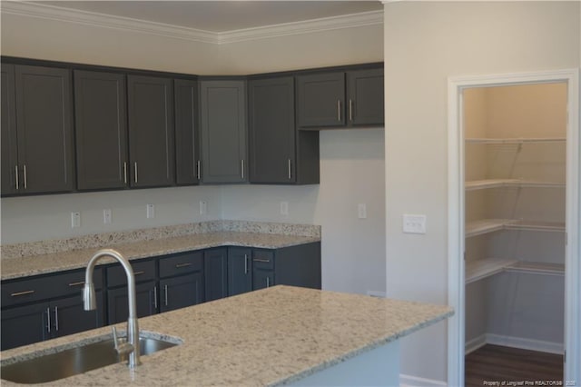 kitchen with a sink, wood finished floors, light stone countertops, and ornamental molding