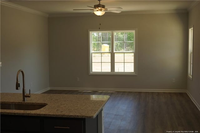 interior space featuring crown molding, a sink, ceiling fan, and wood finished floors