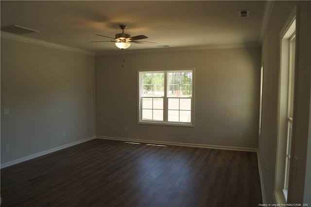 unfurnished room featuring visible vents, dark wood-style flooring, ceiling fan, and baseboards