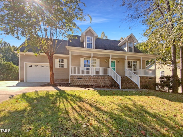 new england style home featuring covered porch, a front yard, and a garage