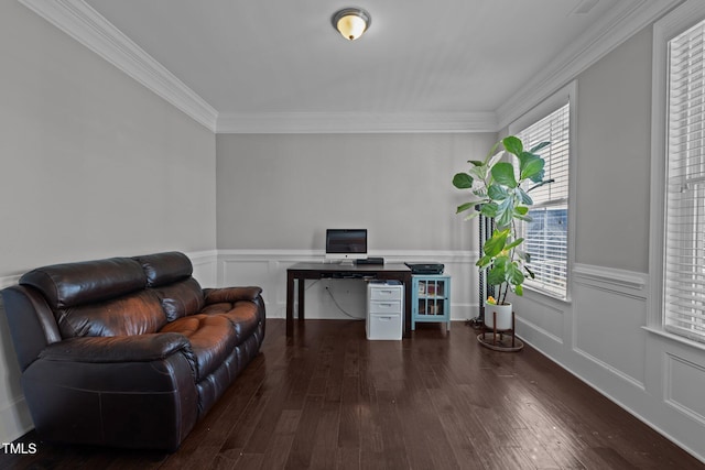 office area with ornamental molding and dark hardwood / wood-style floors