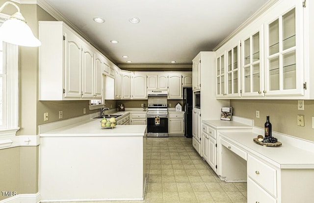 kitchen featuring black refrigerator, sink, electric range, ornamental molding, and white cabinetry