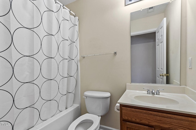 full bathroom with toilet, a textured ceiling, shower / bath combo with shower curtain, and vanity