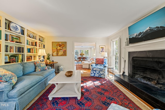 living room with crown molding