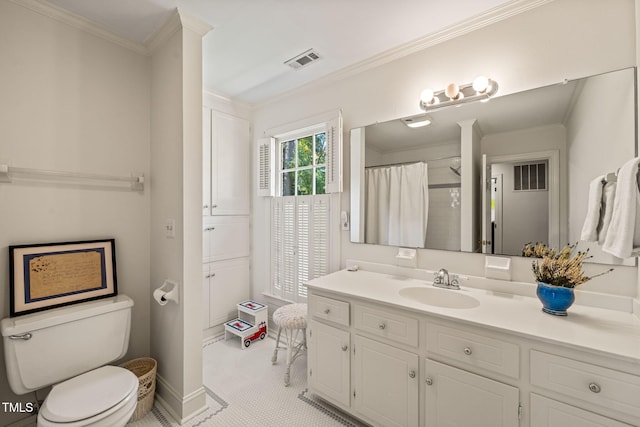 bathroom featuring vanity, toilet, ornamental molding, and a shower with shower curtain