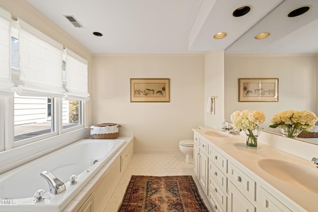 bathroom featuring toilet, a relaxing tiled tub, ornamental molding, vanity, and tile patterned floors