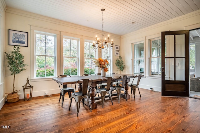 dining area with an inviting chandelier, hardwood / wood-style floors, and wood ceiling