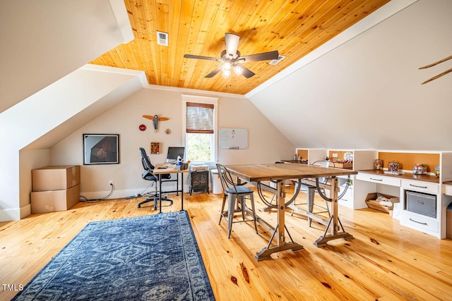 office area with vaulted ceiling, wooden ceiling, light hardwood / wood-style floors, and ceiling fan