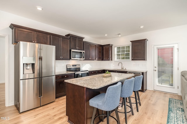 kitchen featuring tasteful backsplash, sink, a center island, light hardwood / wood-style floors, and stainless steel appliances