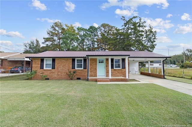 single story home featuring a front yard and a carport