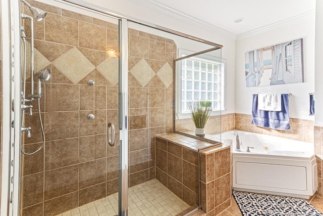 bathroom with crown molding, plus walk in shower, and tile patterned flooring