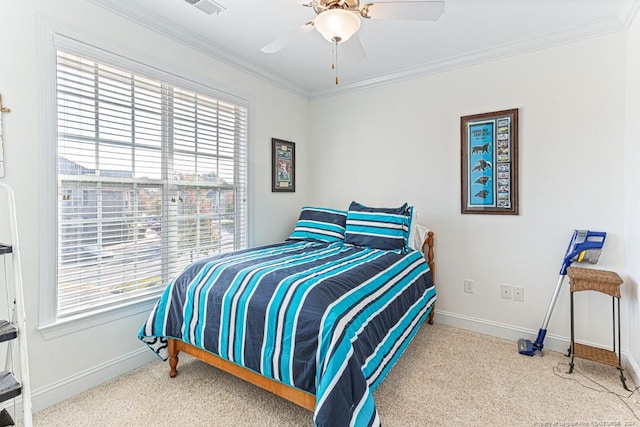 bedroom with ceiling fan, carpet, multiple windows, and ornamental molding