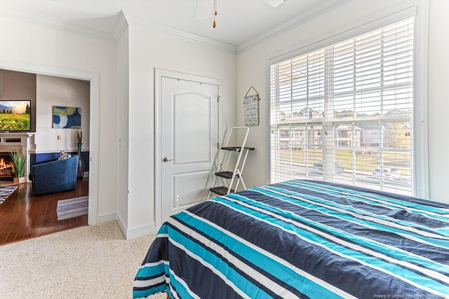 bedroom featuring crown molding, wood-type flooring, and ceiling fan