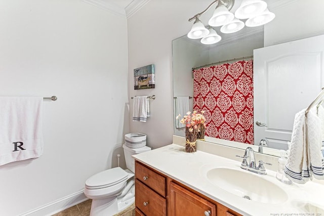 bathroom featuring vanity, crown molding, toilet, and tile patterned flooring