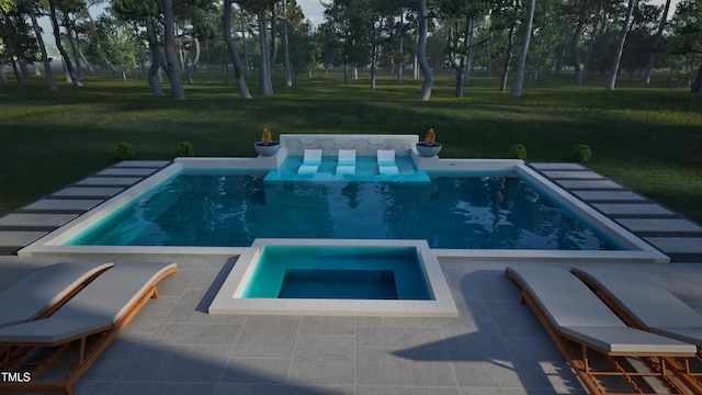 211 Reynolds Rd, Raleigh, NC 27609 - view of pool with a lawn, a pool with connected hot tub, a patio area, and view of scattered trees