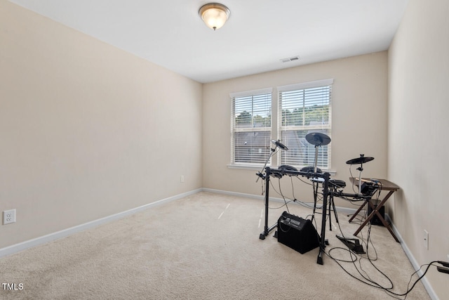 miscellaneous room featuring light colored carpet