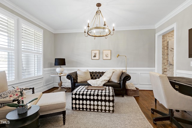 home office featuring crown molding, a chandelier, and dark hardwood / wood-style flooring