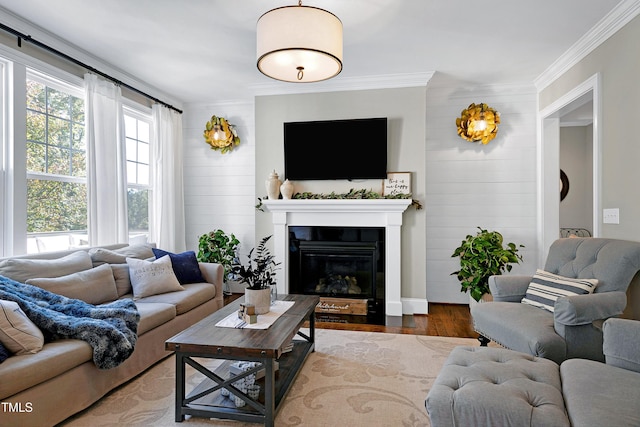 living area with ornamental molding, a fireplace with flush hearth, wood finished floors, and wood walls