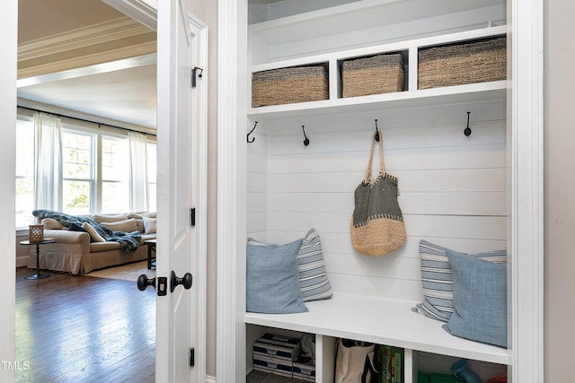 mudroom with crown molding and wood-type flooring