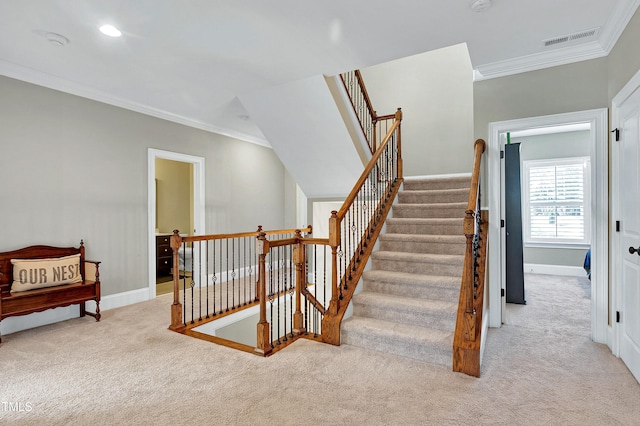 stairway with crown molding and carpet floors