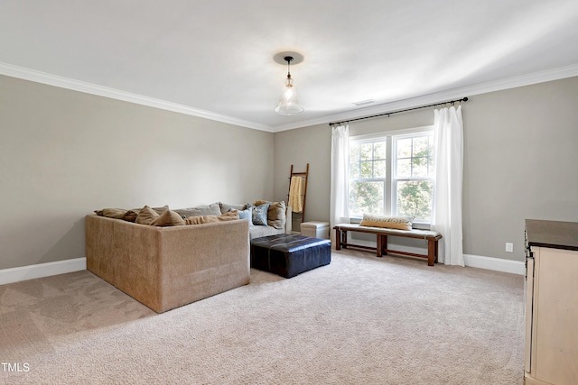 living room with ornamental molding and light colored carpet