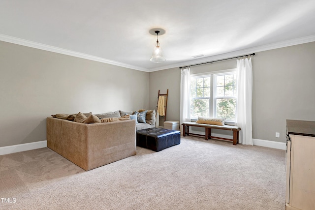 living room with light colored carpet, ornamental molding, and baseboards