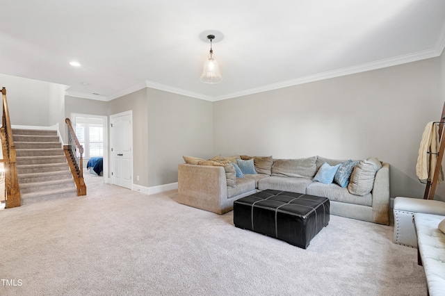 living room featuring crown molding, stairs, baseboards, recessed lighting, and carpet
