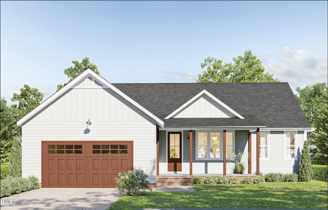 view of front facade featuring covered porch, board and batten siding, a garage, driveway, and a front lawn