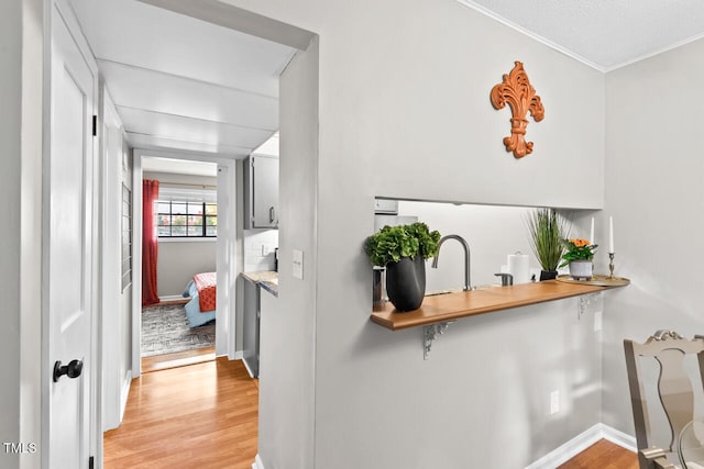 corridor with sink, light wood-type flooring, and crown molding