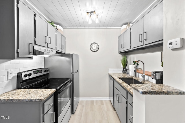 kitchen with appliances with stainless steel finishes, ornamental molding, gray cabinetry, sink, and wooden ceiling