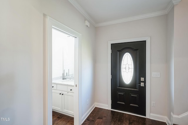 entryway with sink, dark hardwood / wood-style floors, and ornamental molding