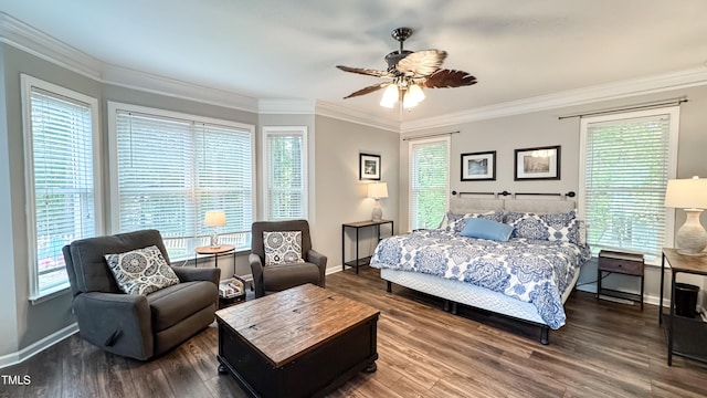 bedroom with hardwood / wood-style floors, multiple windows, and ceiling fan