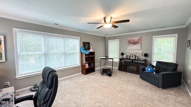 carpeted home office with crown molding and ceiling fan